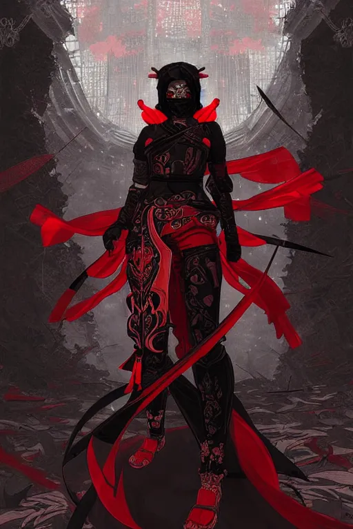 Prompt: portrait Ninja gaiden girl, armored black and red ninja wardrobe, in ruin japanese rainny temple night, ssci-fi and fantasy, intricate and very very beautiful and elegant, highly detailed, digital painting, artstation, concept art, smooth and sharp focus, illustration, art by tian zi and WLOP and alphonse mucha