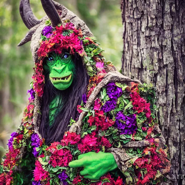 Image similar to a green-horned goblin monster wearing a cloak made of flowers, by Omar Z. Robles, CANON Eos C300, ƒ1.8, 35mm, 8K, medium-format print