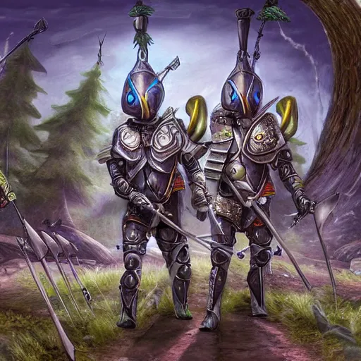 Image similar to cybernetic mushroom archers with medieval armor, digital art, 4K, very detailed