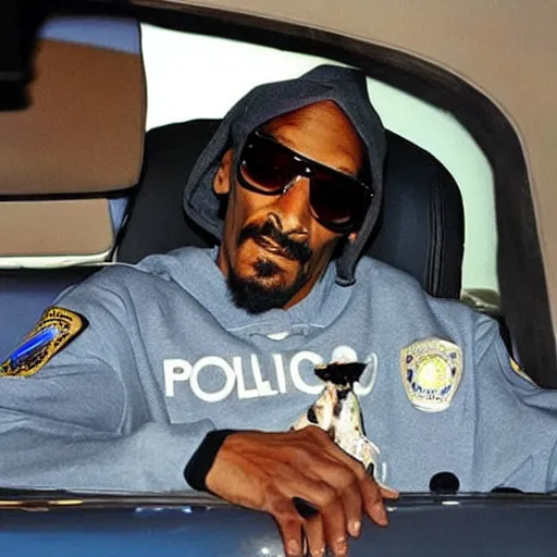 Prompt: Snoop Dogg is sitting in a police car wearing a cap C-11
