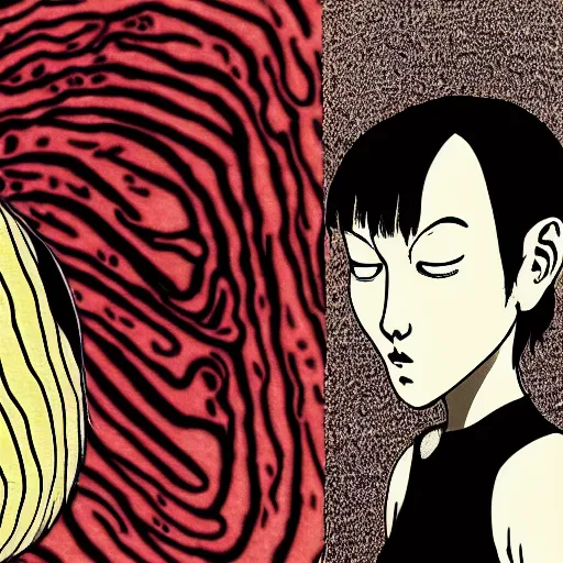 Prompt: a human that looks like a snail by junji ito
