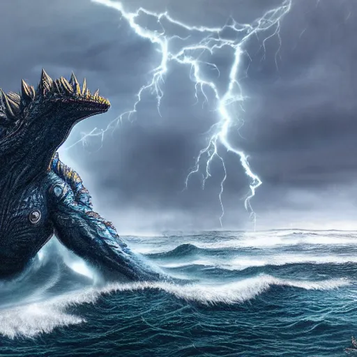 Prompt: a massive kaiju monster emerging from a stormy ocean, digital matte painting