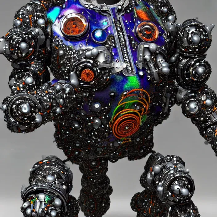 Image similar to a cybernetic symbiosis of a single astronaut mech-organic eva suit made of pearlescent wearing anodized thread knitted shiny ceramic multi colored yarn thread infected with kevlar,ferrofluid drips,carbon fiber,ceramic cracks,gaseous blob materials and diamond 3d fractal lace iridescent bubble 3d skin dotted covered with orb stalks of insectoid compound eye camera lenses orbs floats through the living room, film still from the movie directed by Denis Villeneuve with art direction by Salvador Dalí, wide lens,