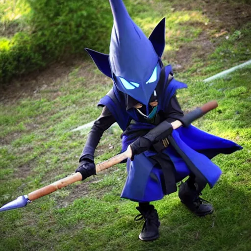 Prompt: Veigar from League of Legends, a small yordle, wearing blue cloak, magical staff, dark face