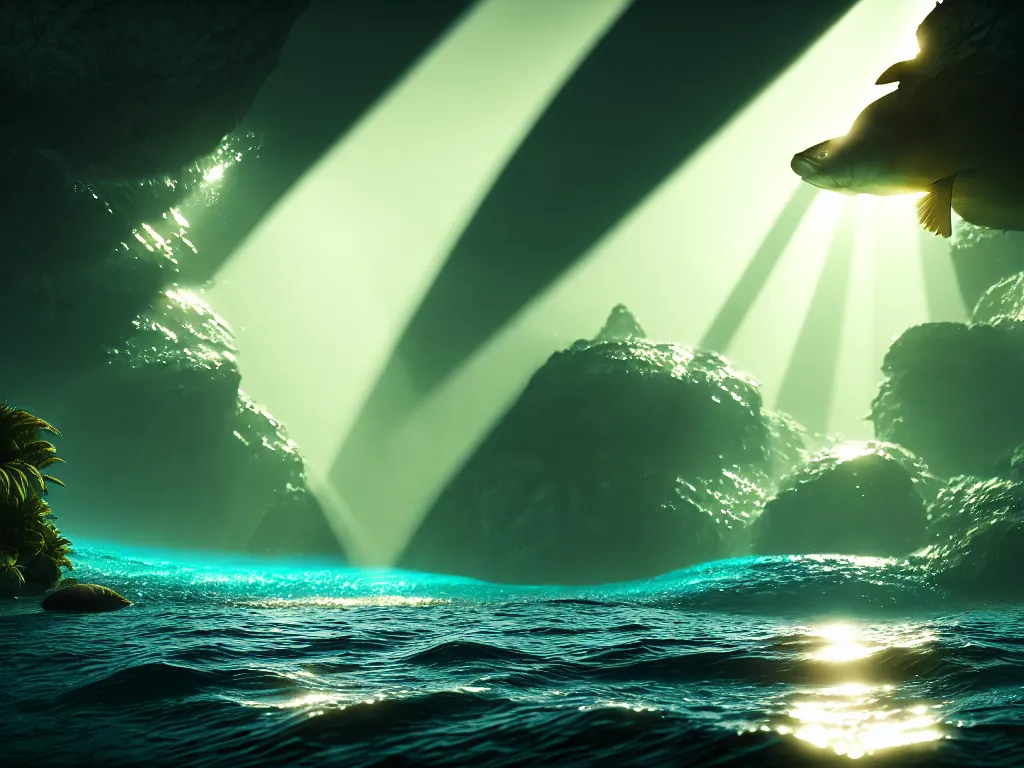 Prompt: god rays reflecting in the sea fish swimming around, dramatic lighting, cinematic, establishing shot, high detail, cinematic lighting, post processed, 8k, concept art, artstation, matte painting, in the style of eddie mendoza, raphael lacoste, alex ross