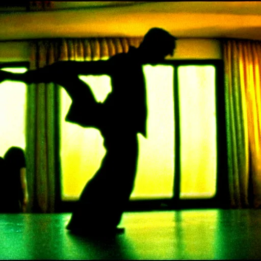 Image similar to wong kar wai dancing love movie scene. wide angle 9 mm lens, close up