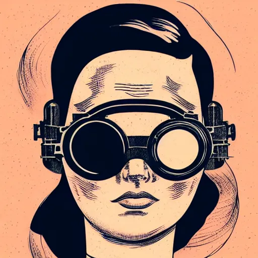 Image similar to tattooed stoic heroic emotionless dirty butch blonde woman engineer with very short slicked - back hair, uncomfortable awkward and anxious, wearing dark - lensed victorian goggles, wearing flight suit, moebius, rough paper, smooth median photoshop filter cutout vector, moebius, behance hd