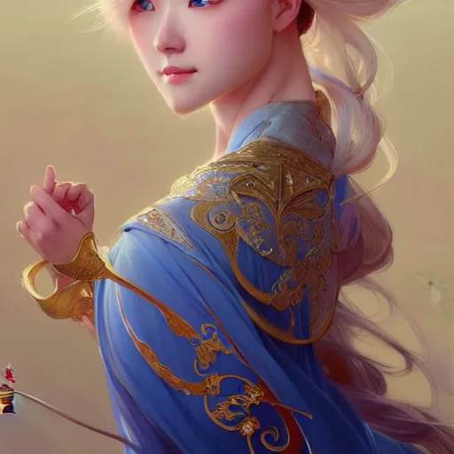 Image similar to elegant Chinese princess, D&D, blue eyes, blonde hair, fantasy, intricate, elegant, highly detailed, digital painting, artstation, concept art, smooth, sharp focus, illustration, art by artgerm and greg rutkowski and alphonse mucha