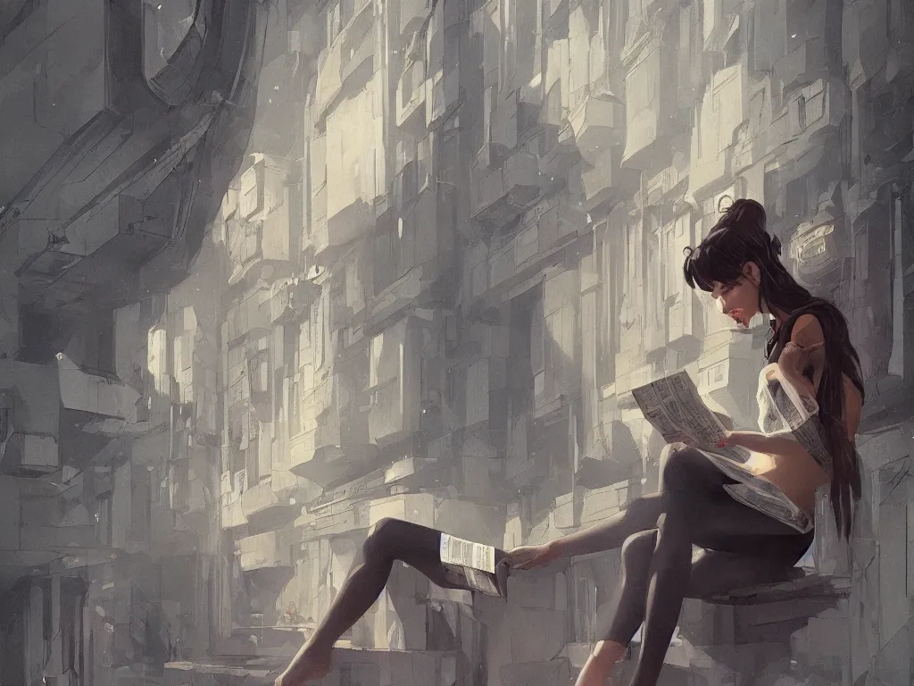 Image similar to seductive goddes reading newspaper in modern city in the style of Durand and greg rutkowski, beautiful, geometric, trending on artstation, cinematic