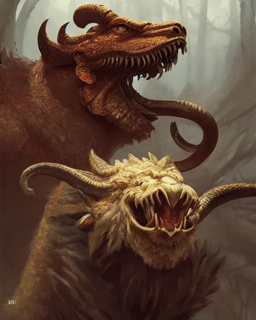 Prompt: oil painting of a Anthropomorphized chimaera with goat head, snake head, lion head, sharp focus, heroic pose, fantasy style, octane render, volumetric lighting, 8k high definition, by greg rutkowski, highly detailed, trending on art Station, magic the gathering artwork, Woodland background, centered