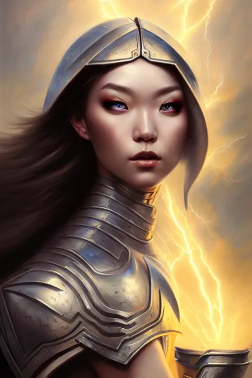 Image similar to oil painting, sakimi chan, white skin, fantasy armor, detailed face, dramatic lighting, tony sart, wind, lightning