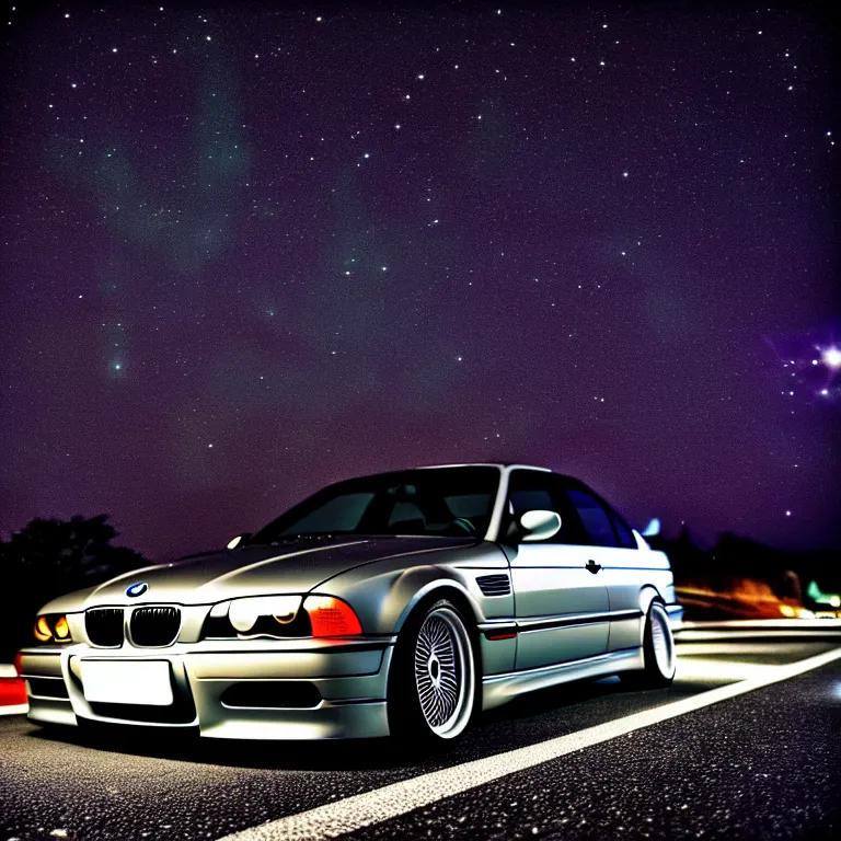 Prompt: close-up-photo BMW E36 middle of street, Saitama prefecture, stars, night, cinematic color, photorealistic, highly detailed,