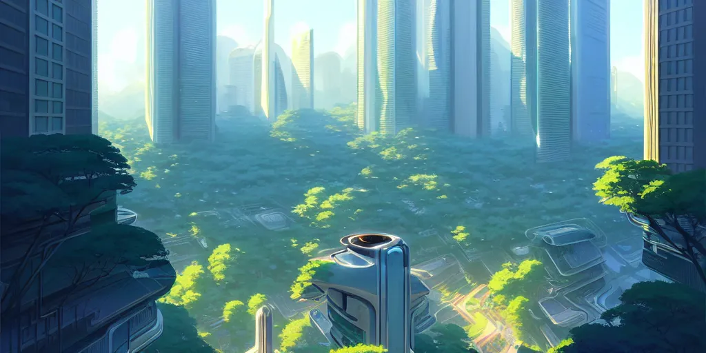 Image similar to futuristic city with tall shiny marble buildings in an evergreen valley, several waterfalls, landscape, global illumination, morning light, radiant light, bird's eye view, by makoto shinkai and lois van baarle, ilya kuvshinov, rossdraws, tom bagshaw