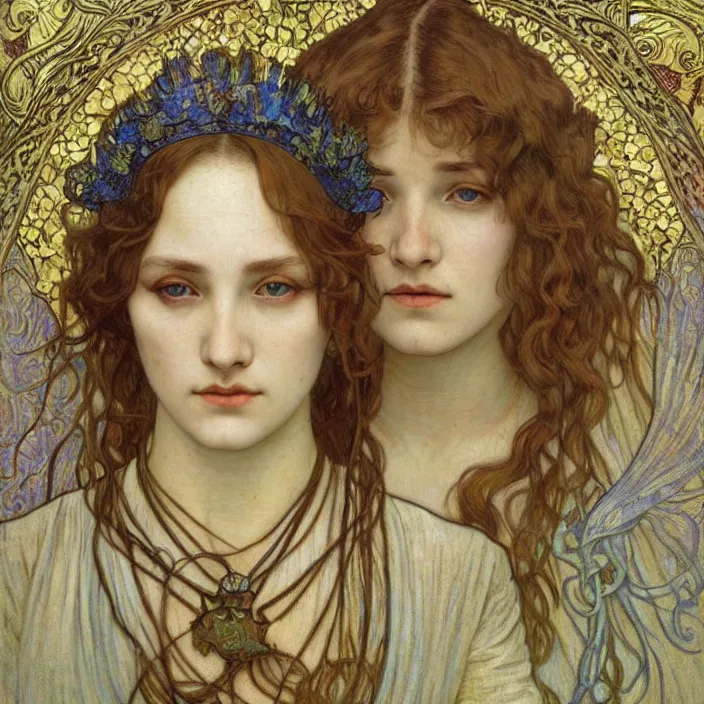Image similar to detailed realistic beautiful young medieval queen face portrait by jean delville, alphonse mucha, vincent van gogh, and marco mazzoni, art nouveau, symbolist, visionary, gothic, pre - raphaelite