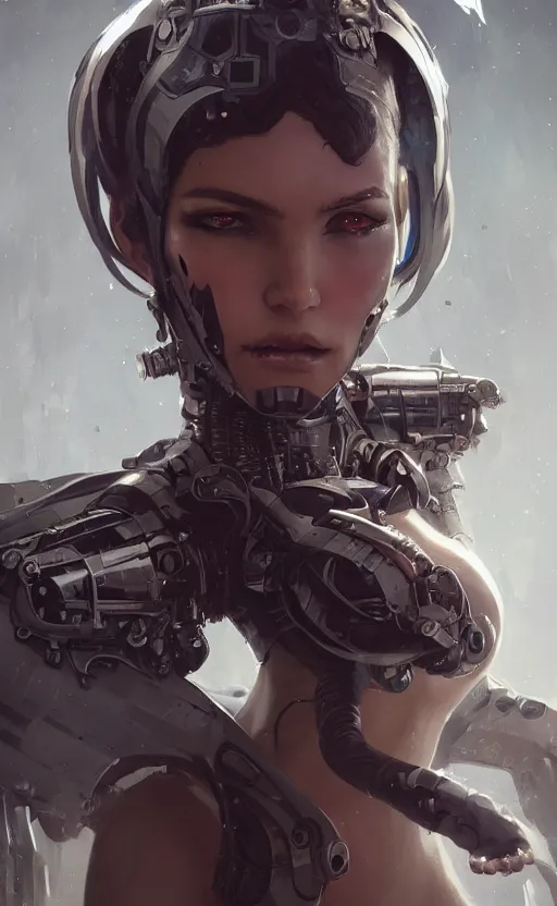 Image similar to a cyborg succubus, flawless symmetrical pretty cute face, greg rutkowski, 8 k, shallow depth of field, intricate detail, concept art,