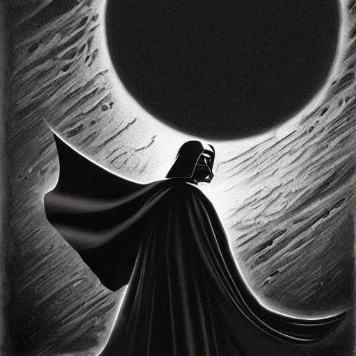 Prompt: darth vader, solar eclipse, looming over the earth, artstation hq, painting by gustave dore