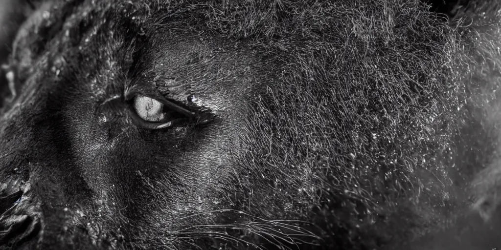 Prompt: a black lioness, made of ferrofluid, posing in the photo studio, viscous, sticky, full of ferrofluid, covered with black goo. photography, dlsr, realism, animal drawing, color, rimlight, wrinkles, reflections, wildlife photography, black goo, cinematic