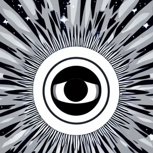 Prompt: a glowing minimal elegant crown sitting on a table with one beautiful eye on top of it like a jewel, one pupil in the eye, shining stars on top of the crown, night time, vast cosmos, geometric light rays exploding outwards into stars, bold black lines, flat colors, minimal psychedelic 1 9 5 0 s poster illustration