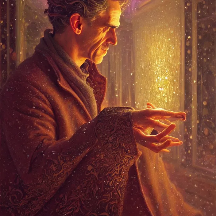 Image similar to psychedelic snowfall Jordan Peterson, diffuse lighting, fantasy, intricate, elegant, highly detailed, lifelike, photorealistic, digital painting, artstation, illustration, concept art, smooth, sharp focus, art by John Collier and Albert Aublet and Krenz Cushart and Artem Demura and Alphonse Mucha