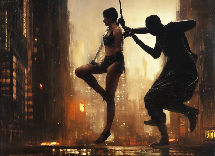 Image similar to blade runner fighting android 🤼 ( blade runner 2 0 4 9, cyberpunk 2 0 7 7 character design ). orientalist portrait by john william waterhouse and james gurney and theodore ralli and nasreddine dinet, oil on canvas. cinematic, hyper realism, realistic proportions, dramatic lighting, high detail 4 k