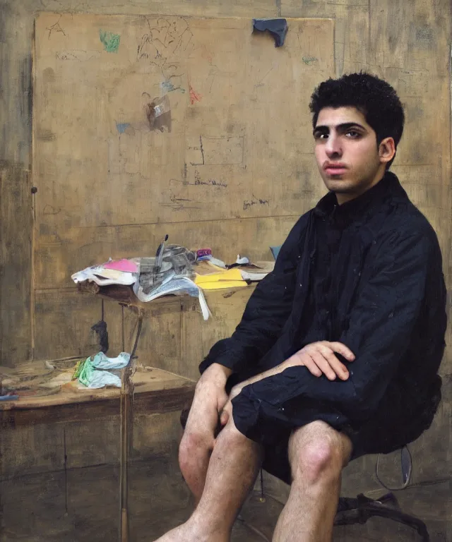 Prompt: a color photograph of persian young man in his workplace, by nan goldin, painted over by jenny saville, out of place, intense, bold, exaggerated, over proportion, hyperrealistic, ultra sharp, extra details, ultra high quality,