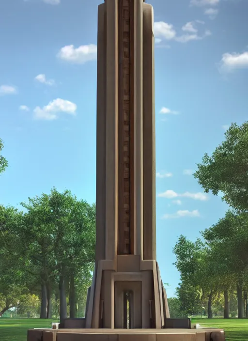 Image similar to highly detailed realistic architecture 3 d render of a futuristic stele monument in frank lloyd wright style standing in city park, archdaily, made in unreal engine 4 octane render