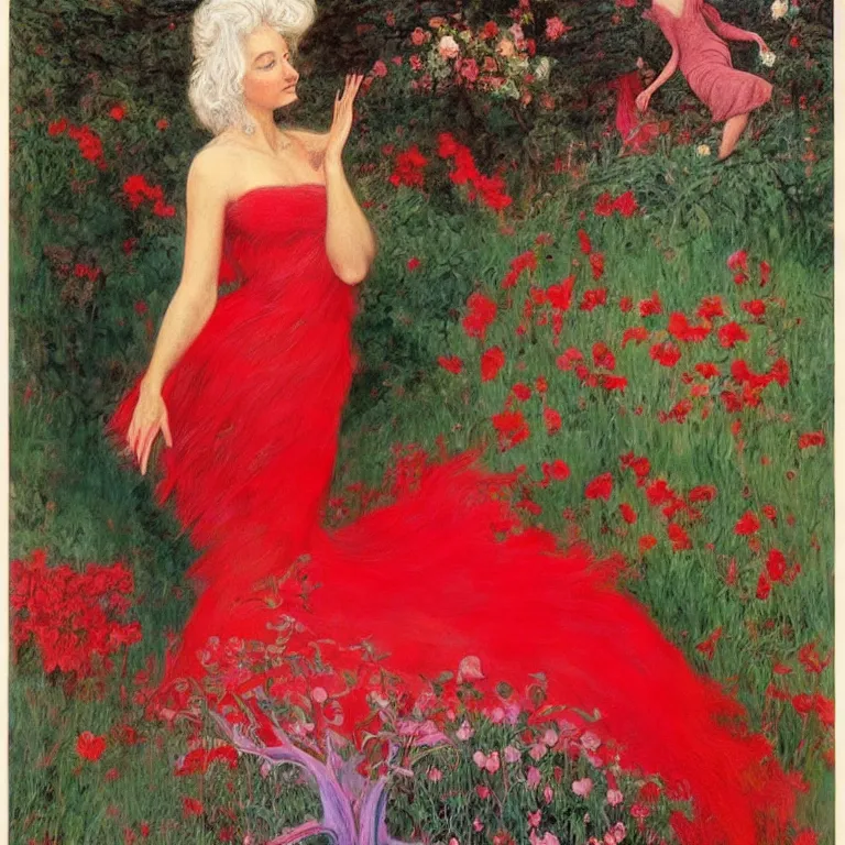 Prompt: Standing woman in a Red dress, with white hair on a golden background, with pink flowers photorealism Edward Robert Hughes,Stanisław Szukalski and Roger Dean