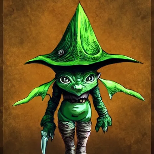 Prompt: cute tiny goblin girl with green skin wearing hunter armor from Bloodborne and a wizard hat, d&d, art by Zone