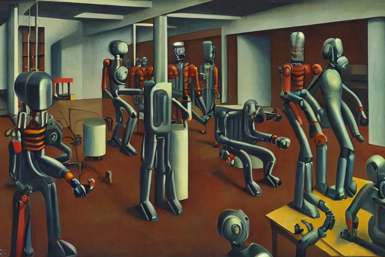 Image similar to drab slave human workers building robots, watched by fascist robots, brutalist factory, dystopian, art deco, pj crook, edward hopper, oil on canvas