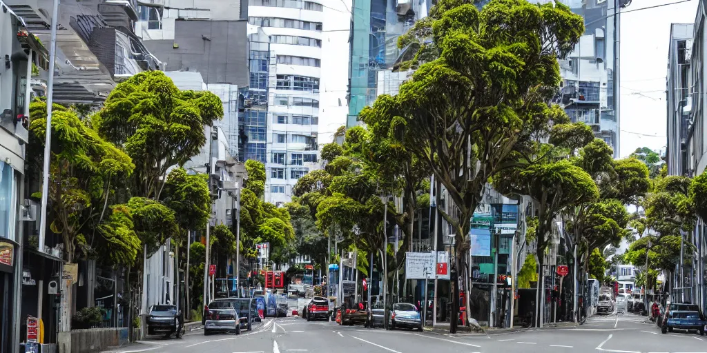 Image similar to photo of a city street in wellington, new zealand but the buildings are interspersed with enormous ancient nz endemic podocarp rimu trees full of epiphytes with birds perching amongst the leaves.