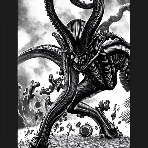 Prompt: Xenomorph by Kentaro Miura, highly detailed, black and white