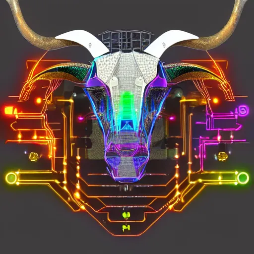 Image similar to cybernetic evil goat head merged with complex circuitry and machinery, multicolored