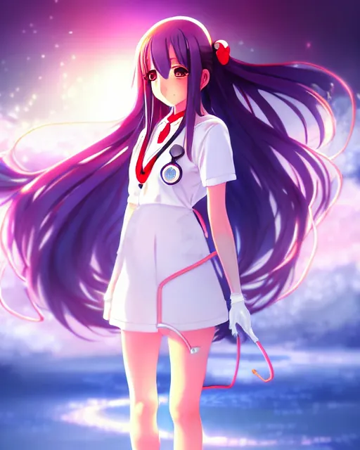 Image similar to anime style, vivid, expressive, full body, 4 k, painting, a cute magical girl with a long wavy black hair wearing a nurse outfit, stunning, realistic light and shadow effects, centered, simple background, studio ghibly makoto shinkai yuji yamaguchi