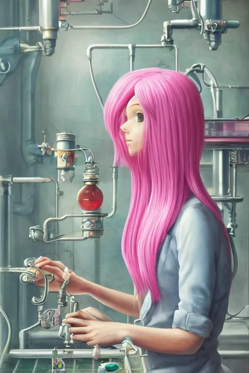 Image similar to highly detailed, industrial photography, profile view of adult princess bubblegum from adventure time, working in her science lab, wearing lab coat, long bubblegum hair, long straight bangs, confident, beautiful, attractive, illustration concept art by nicoletta ceccoli, mark ryden, lostfish, detailed and intricate environment, 8 k resolution, hyperrealistic, octane render