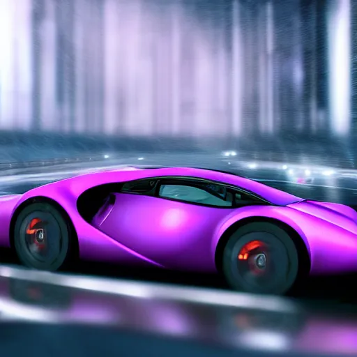 Prompt: A car driving a fast car in the rain, futuristic, cyberpunk, purple