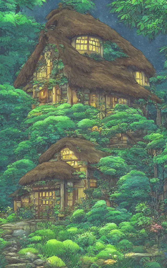 Image similar to Stunning cottage, solar, lush, forest, beautiful, by Studio Ghibli and Michael Kincade, artstation