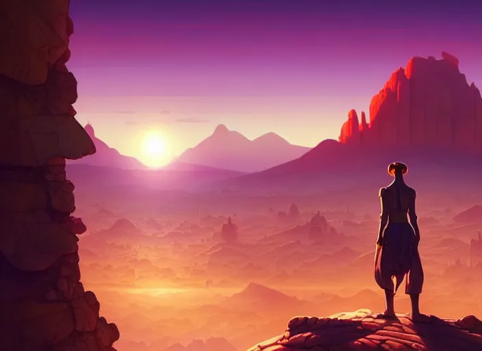 Image similar to science fiction pc game point - and - click adventure, daedalic entertainment, desert with city in the skyline, two suns, purple orange colors, sharp focus, illustration, highly detailed, digital painting, concept art, matte, art by wlop and artgerm and greg rutkowski and alphonse mucha, masterpiece