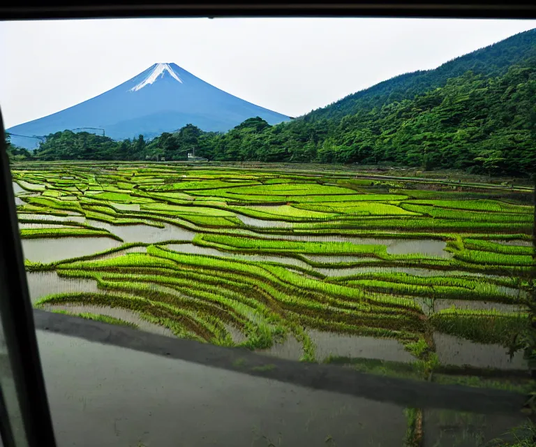 Image similar to a photo of mount fuji, japanese landscape, rice paddies, seen from a window of a train.