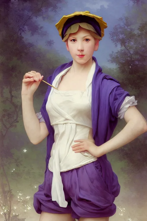 Image similar to Full View girl with short blond hair wearing an oversized purple Beret, Baggy Purple overall shorts, Short Puffy pants made of silk, silk shoes, a big billowy scarf, Golden Ribbon, and white leggings Covered in stars. Short Hair. masterpiece 4k digital illustration by Ruan Jia and Mandy Jurgens and Artgerm and william-adolphe bouguereau, award winning, Artstation, art nouveau aesthetic, Alphonse Mucha background, intricate details, realistic, panoramic view, Hyperdetailed, 8k resolution, intricate art nouveau