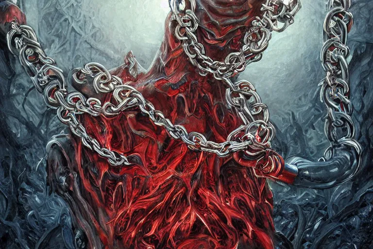 Image similar to lucifer, dark angel, red eyes, chain, handcuffs, large chain, wide open mouth, scream, cruelty, sad, sea bottom, light effect, hyper detailed, intricate, elegant, highly detailed, digital painting, artstation, concept art, matte, sharp focus, illustration, by dan mumford, yusuke murata, makoto shinkai, ross tran