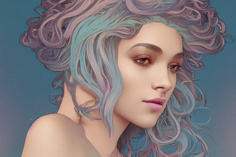 Image similar to beautiful black woman with gorgeous pastel balayage hairstyle, as seen on artgerm, octane render, in the style of alphonse mucha, ultra realistic, highly detailed, 8 k