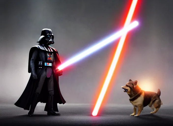 Image similar to a Photorealistic dramatic hyperrealistic render of darth vader with lightsaber drawn facing off against a calm cute corgi in battle, futuristic star wars vibe, by WLOP and Artgerm and Greg Rutkowski and Alphonse Mucha, Beautiful dynamic dramatic dark moody lighting, shadows, cinematic atmosphere, Artstation, concept design art, Octane render, 8K, masterpiece, sharp focus