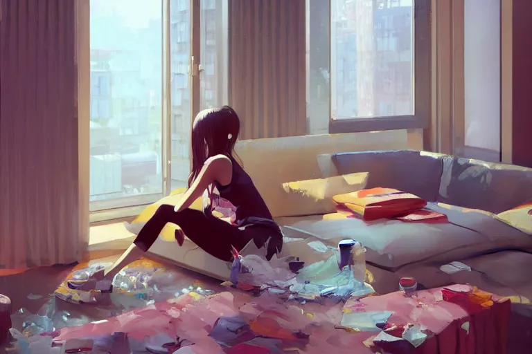 Image similar to A ultradetailed beautiful portrait panting of a stylish girl sitting in a messy modern apartment, bright sunny day, Oil painting, by Ilya Kuvshinov, Greg Rutkowski and Makoto Shinkai