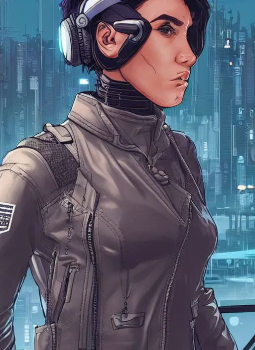 Image similar to Feminist Maria. Gorgeous female cyberpunk hacker wearing a cyberpunk headset, military vest, and jumpsuit. gorgeous face. Realistic Proportions. Concept art by James Gurney and Laurie Greasley. Moody Industrial skyline. ArtstationHQ. Creative character design for cyberpunk 2077.