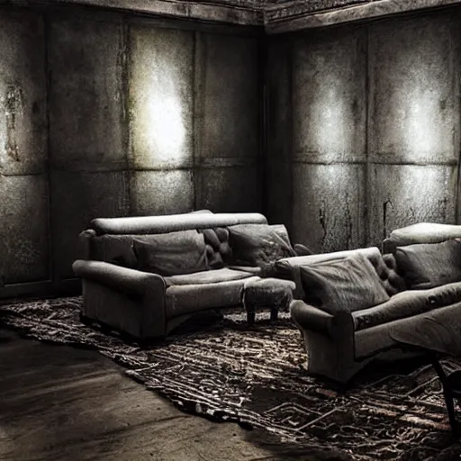 Prompt: a room with a single couch, the room is filled halfway full with water, liminal space, dark, hyper realistic, highly detailed.