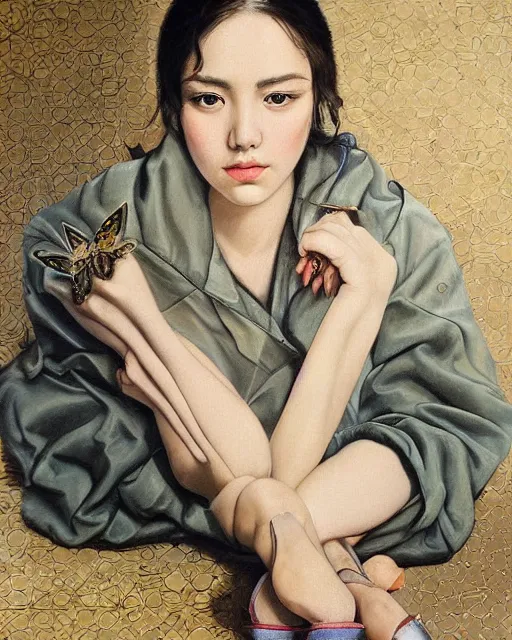 Image similar to a ultradetailed beautiful panting of a stylish woman sitting on the floor in a tiled room, she is wearing an oversized jacket, night time, highly detailed face, oil painting, by tran nguyen