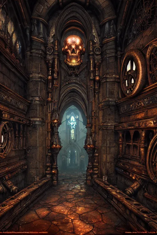 Image similar to steam necropolis, memento mori, gothic, neo - gothic, art nouveau, hyperdetailed copper patina medieval icon, philippe druillet, ralph mcquarrie, concept art, steampunk, unreal engine, detailed intricate environment, octane render, moody atmospheric, volumetric lighting