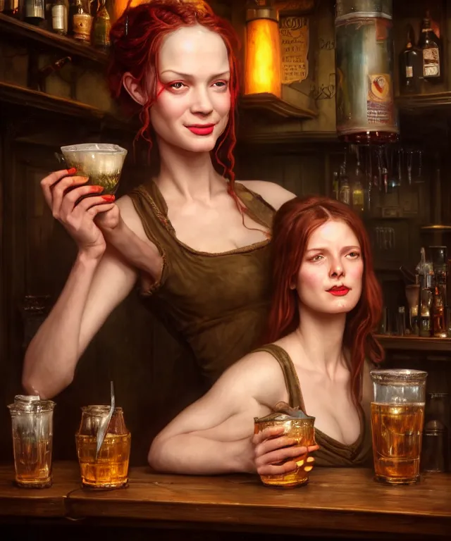 Image similar to hyperrealistic mixed media painting of a beautiful smiling charismatic barmaid, dimly lit cozy tavern, relaxed pose, stunning 3d render inspired art by Gerald Brom and Anna Dittmann + perfect facial symmetry + dim volumetric lighting, 8k octane beautifully detailed render, post-processing, extremely hyperdetailed, intricate, epic composition, grim yet sparkling atmosphere, cinematic lighting + masterpiece, trending on artstation, very very detailed, masterpiece, stunning