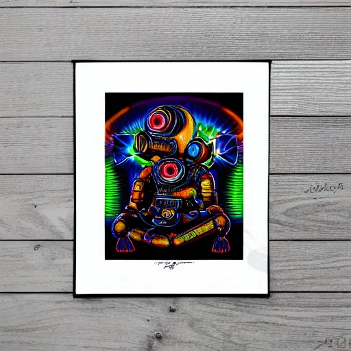 Prompt: a black tshirt with a hyperdetailed portrait of a meditating steampunk robot by robert crumb, 8 k, symetrical, flourescent colors, happy trippy mood, multicolored,