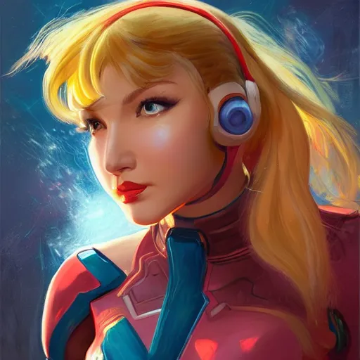 Image similar to portrait of beautiful Samus Aran, League of Legend illustration by Sam Youn:3, profile picture by Gil Elvgren:3, asymmetrical, Organic Painting, Ambient Occlusion:3, Matte Painting, bold shapes, hard edges, street art, trending on artstation, realistic:2 by Sachin Teng:5